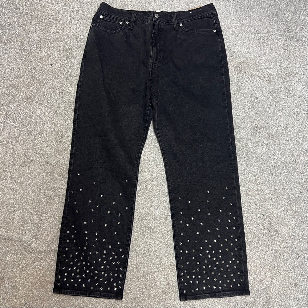 Madewell 90s Straight Jeans Women's 33 Black Denim High Rise Stretch Studded NEW